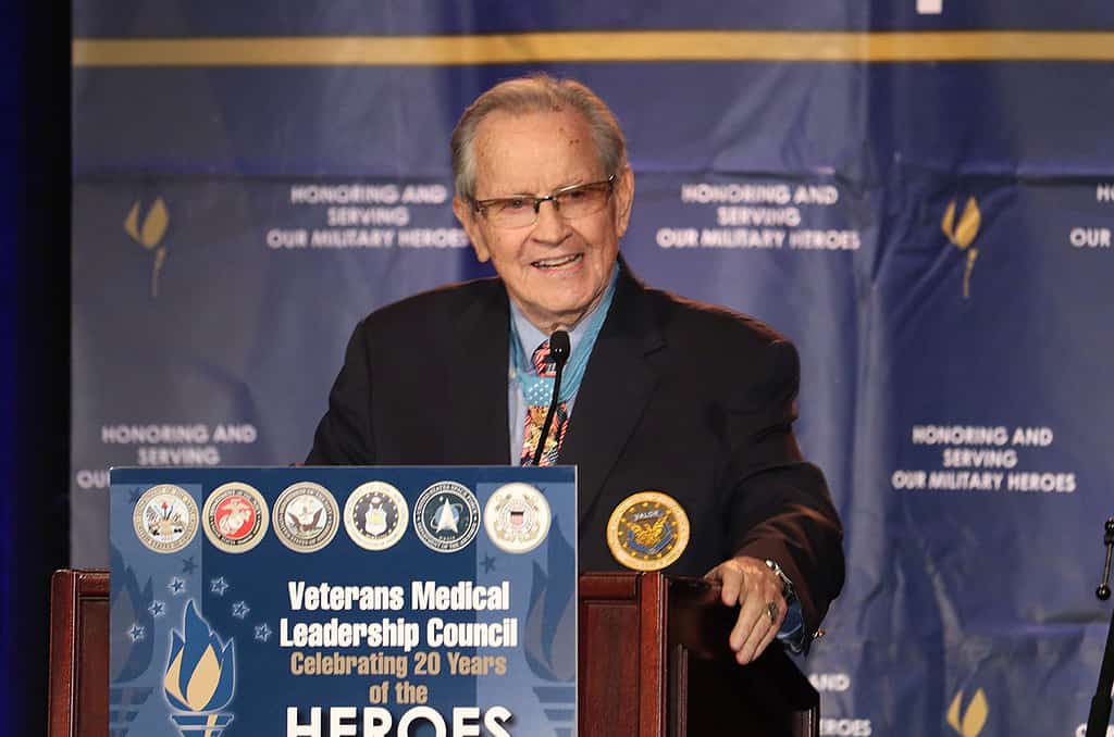 Photo of medal of honor recipient delivering remarks at the Arizona Biltmore